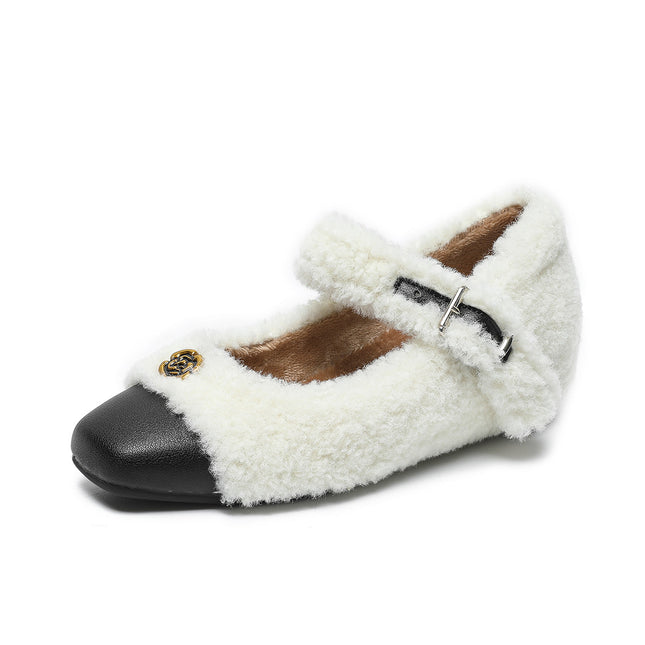 Small Size Mary Jane Soft Mao Shoes Women's Winter Outer Wear Square Head fleece-lined Camellia Flower Inner Height Increase Shoes Warm Cotton Shoes