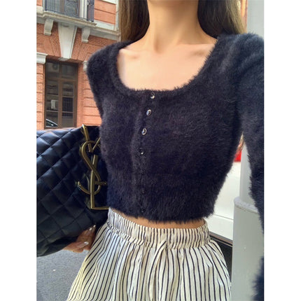 Korean style hot girl sexy slimming furry sweater sweater women's pure desire hot girl sexy gentle short soft glutinous top