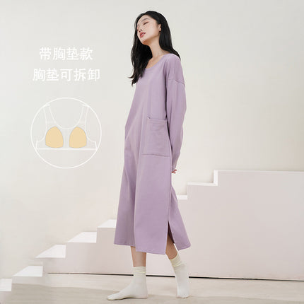 Women's Pure Cotton Long-Sleeved Nightgown, High-End, Black, Large Size, Can Be Worn Outside, Spring and Autumn, Women's Nightgown with Breast Pads