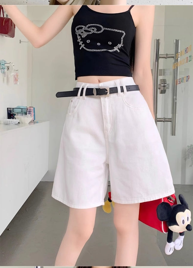 White Five-Point Jeans Thin Summer Women's 2024 Wide-Leg Lightweight Pear-Shaped Figure A-Line Shorts High-Waisted Mid-Pants