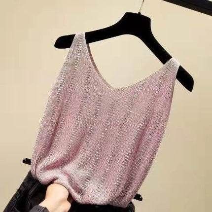 2026 Student Women's Clothing Ice Silk Rhinestone-Embellished Camisole Summer Loose Short T-Shirt Sleeveless Versatile V-Neck Base Shirt