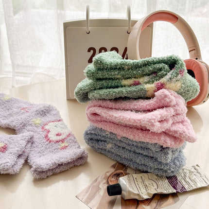 Autumn and Winter Coral Fleece Socks Women's Hair-free Flower Butterfly Floor Socks Thickened Warm Home Sleep Socks