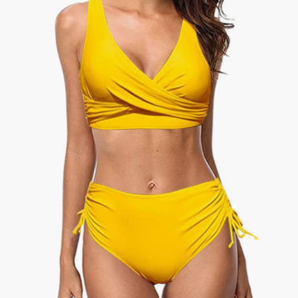 Swimsuit Split Bikini Pure Color Cross Strap Amazon Popular High Waist Swimsuit European and American Export Sexy Biki
