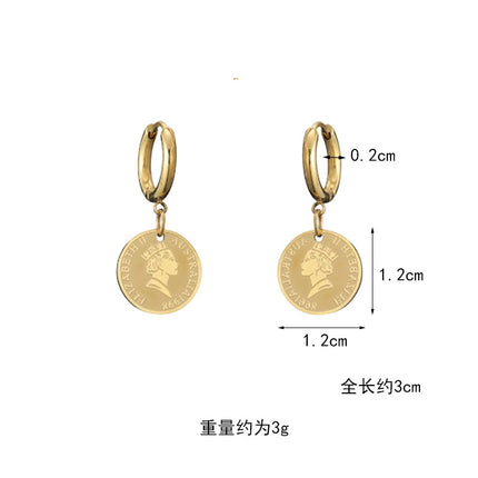 French Retro Queen's Head Ear Buckle Titanium Steel Earrings Niche Design High-grade Pendant Circle Internet Trendy Earrings