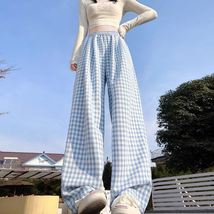 Blue Plaid Pants for Women, Summer Thin Style 2025 New High-Waisted Drape Casual Yamamoto Pants, Straight-Leg Casual Wide-Leg Pants