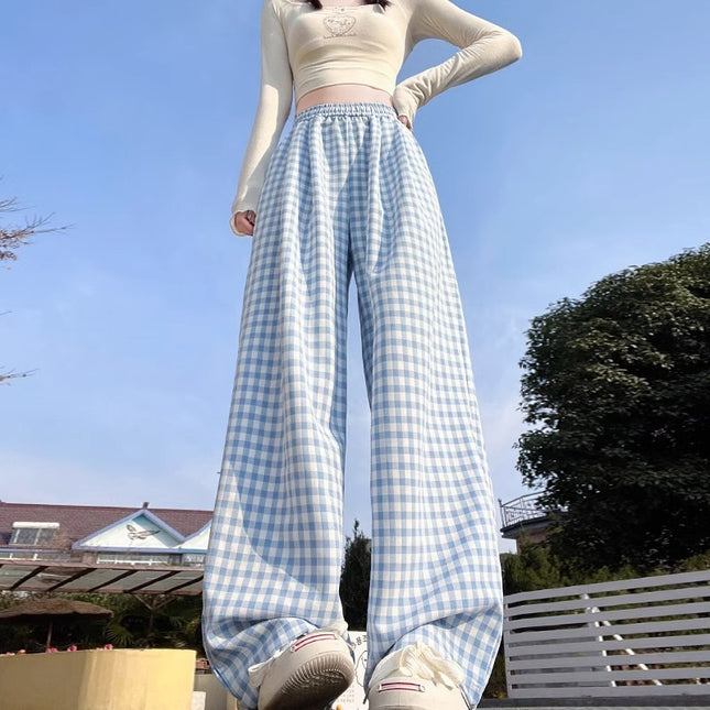 Blue Plaid Pants for Women, Summer Thin Style 2025 New High-Waisted Drape Casual Yamamoto Pants, Straight-Leg Casual Wide-Leg Pants