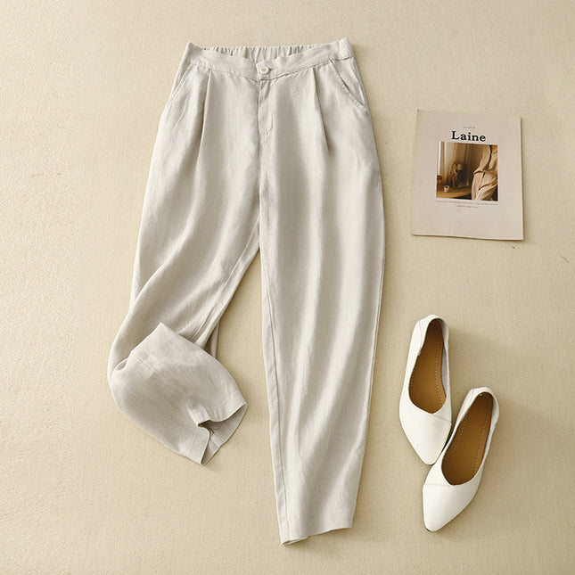 Real shot 202 summer new cropped plus size casual solid color linen leggings women's high waist slim Harlan pants