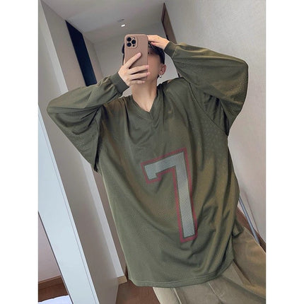 2026 Autumn and Winter New Retro Loose-Fitting Army Green Mesh Digital Print V-Neck Long-Sleeved T-Shirt Men's Jersey Ins
