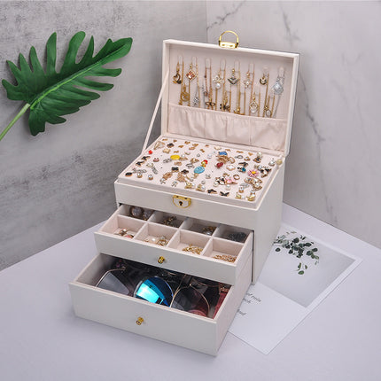 Internet Celebrity Three-layer Lock Leather Earrings Earrings Necklace Bracelet Ring Jewelry Large Capacity Wedding Jewelry Storage Box