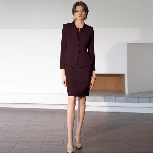 Spring and Autumn Fashion Ancora Red New Style Professional Women's dress suit Slim-Fit Slimming Collarless Dress Work Clothes