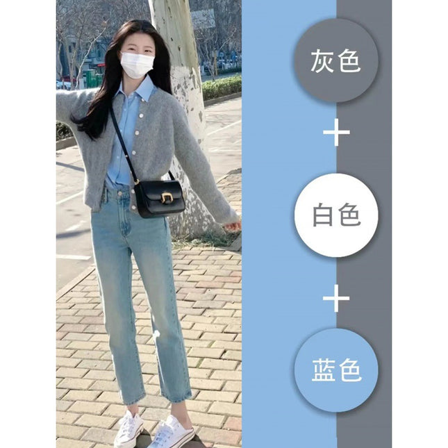 Autumn 2023 Korean women's clothing can be worn with salt and sweet for small people fashion casual knitted cardigan two-piece suit