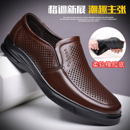 Mingfu Leather New Hollow Leather Sandals Soft Sole Soft Face Hole Shoes Breathable Casual Business Leather Sandals Dad Shoes