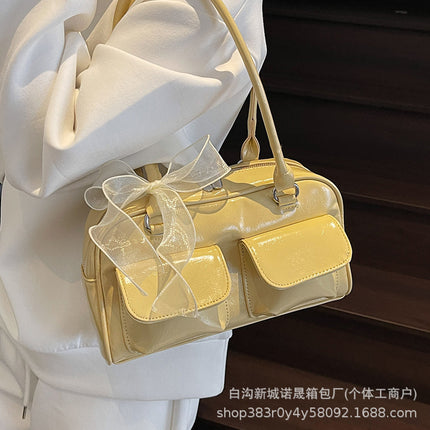 Trendy Niche Design Baguette Bag Cross-border Retro Women's Bowling Bag Women's Solid Color Simple Soft Face Underarm Bag