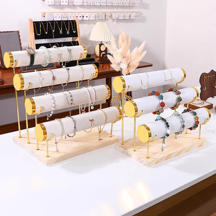 Jewelry Display Stand Golden Solid Wood Three-Layer Watch Bracelet Bracelet Rack Counter Jewelry Props Storage