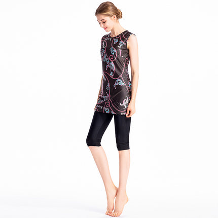 Digital Printing Middle East Conservative Hui Swimsuit Amazon Sunscreen Capri Pants Sleeveless Three-Piece Swimsuit