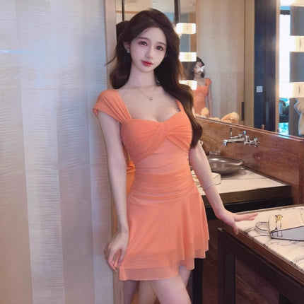 Real Shot 8967 Sexy Mesh Low-cut Ruffled dress Women's Clothing Summer New Nightclub Foot Bath Technician Work Clothes