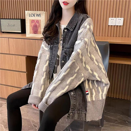Design Sweater Stitching Denim Coat Women's Autumn and Winter 2024 New Loose Lazy Thickened Western Style Top