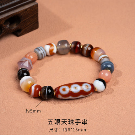 Natural Five-Eyed Dzi Multi-Treasure Agate Bracelet, Fashionable and Versatile, Single-Circle Bracelet for Men and Women, Ready for Sale