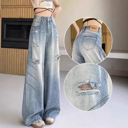 American Retro Ripped Jeans for Women, Summer Style, Loose Wide-Leg Pants, High-Waisted Floor-Length Pants, Washed Design Pants