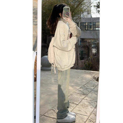 fleece-lined Thickened Wide-leg Jeans Women's Autumn and Winter Fashion All-match New High Waist Slimming Pendant Straight Casual Trousers