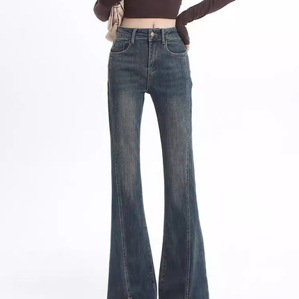 Retro Raw Edge Micro-Flared Jeans for Women Plus Size High Waist Petite Slim Slim Floor-Length Trousers