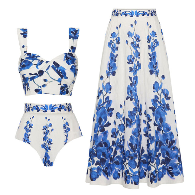 2025 Cross-Border European and American Long-Sleeved Sun Protection Swimsuit Floral Beach Vacation Split New Beach Skirt Suit 25325