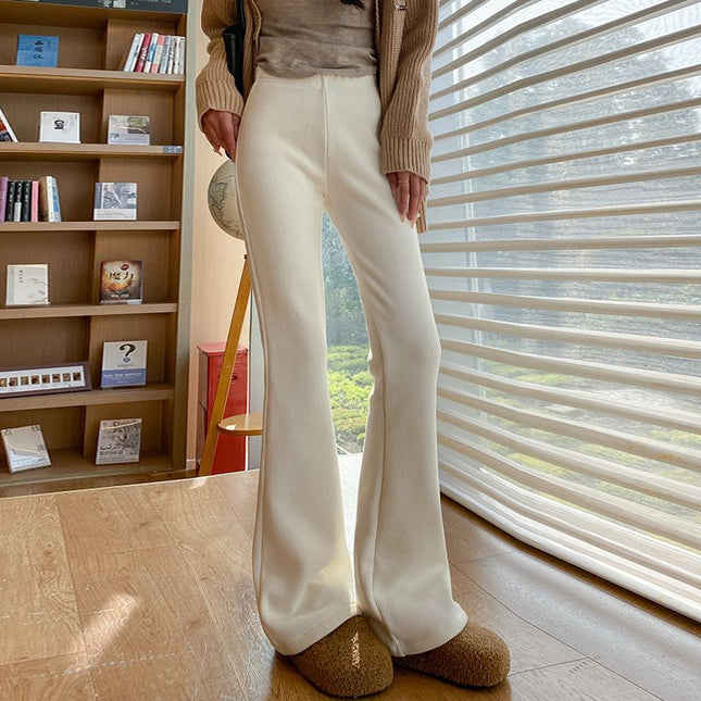 Women's Corduroy Flared Pants High Waist Fleece Lined American Style Slim Fit Black Apricot M-XL / Pantalon Femme Évasé Velours Côtelé Taille Haute Polaire Style Américain Slim Noir Abricot M-XL