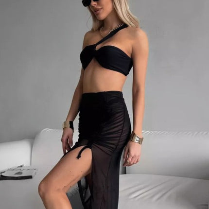 European and American 2025 Big Brand Bikini Three-Piece Suit High-Grade One-Shoulder Sexy Bikini Swimsuit with Mesh Skirt