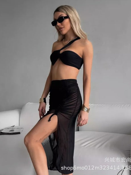 European and American 2025 Big Brand Bikini Three-Piece Suit High-Grade One-Shoulder Sexy Bikini Swimsuit with Mesh Skirt