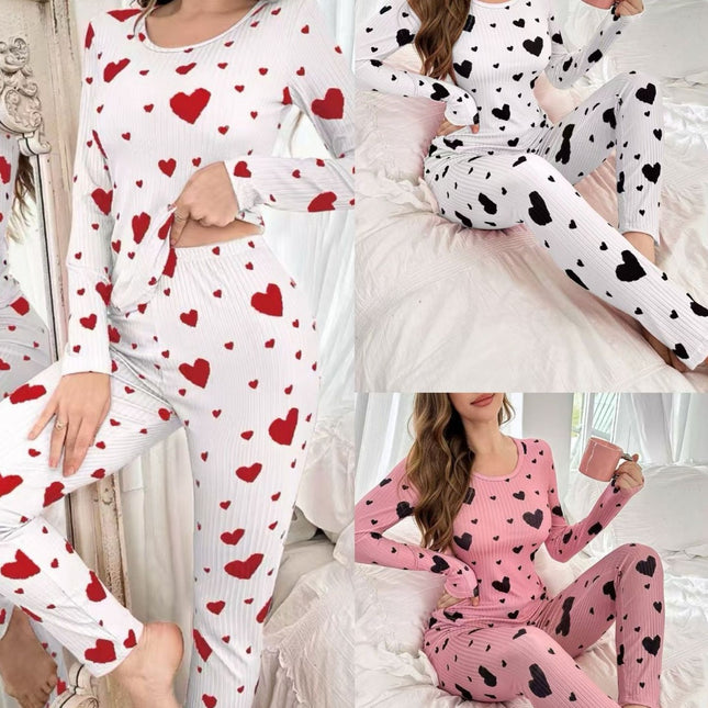 Cross-Border Temu Amazon Hot-Selling Comfortable and Simple Heart-Printed Pajamas for Women Long-Sleeved Pants Home Wear Set