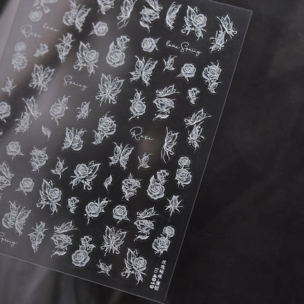 Crystal Diamond White Lily Rose Butterfly Nail Art Sticker Embossed 3D New Ins 5D Flower Nail Sticker Decoration