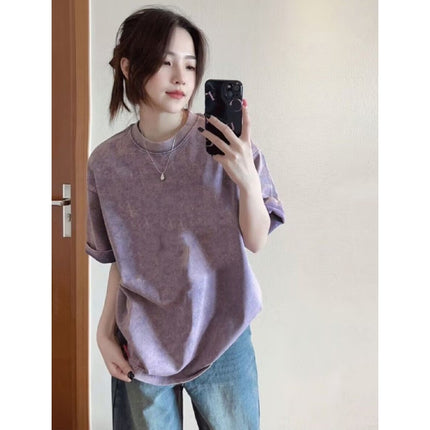 Washed Distressed Pure Cotton Short-Sleeved T-Shirt for Women Ins Trendy Loose Retro Large Size Slim Couple Half-Sleeved Top Summer