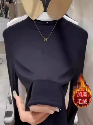 2025 Autumn and Winter New Style Plus Brushed Inner Small Stand-Up Collar Pure Color Simple Versatile Slimming Look Half Turtleneck Bottoming T-Shirt for Women