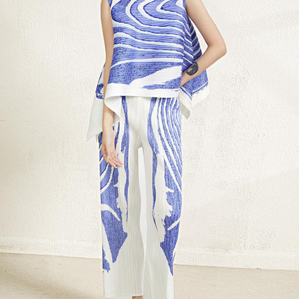 Original Fabric from the Boutique, Issey Miyake Fashion Set, Women's Summer Elegant Loose Sleeveless Top and Pleated Pants Two-Piece Set