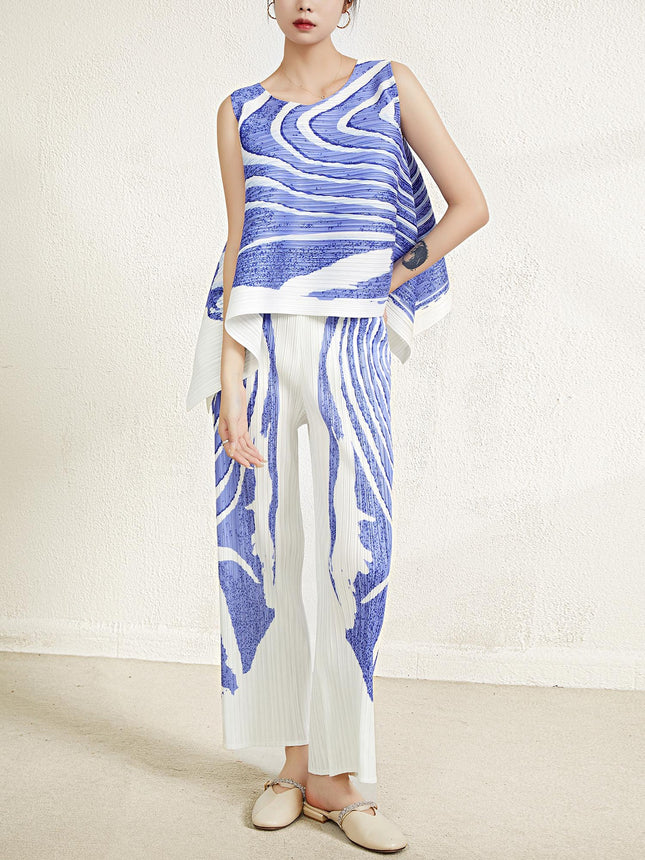 Original Fabric from the Boutique, Issey Miyake Fashion Set, Women's Summer Elegant Loose Sleeveless Top and Pleated Pants Two-Piece Set