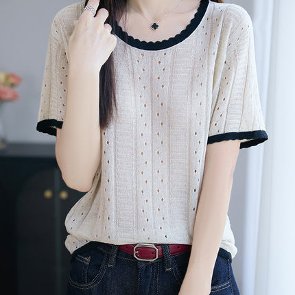 Ice Silk Knitwear Women's 2024 New Korean Style Summer Women's Casual Versatile Cut Out Thin Short-Sleeved T-Shirt Tops
