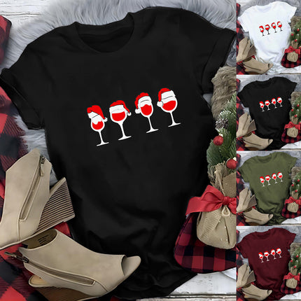 Women Casual Fun Crew Neck Tees Christmas t Shirt Red Wine g
