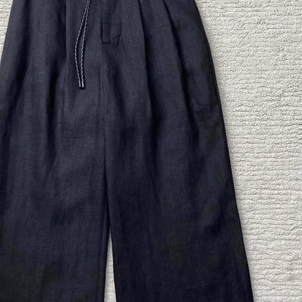 CHAO FIRE recommend! Old money wind relaxation feeling ~ black linen wide leg pants women's drawstring strap casual mop pants