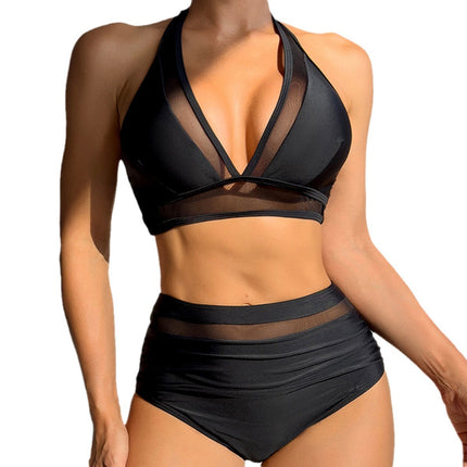 2025 New Bikini Cross-Border European and American Foreign Trade Mesh Splicing Lace-Up Sexy Bikini Two-Piece Swimsuit Swimwear
