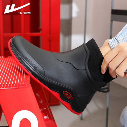 Pull Back New Fashion Men's Rain Boots Short-Tube Rubber Shoes Water Shoes Non-Slip Wear-Resistant Car Wash Work Waterproof Shoes Warm Winter