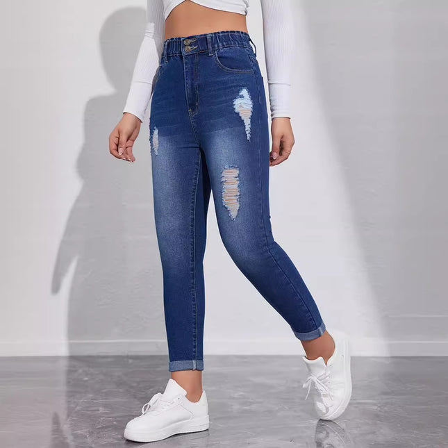 European and American Spring and Summer New Jeans High Elastic Washed High Waist Ripped Scrub Casual Pants Cross-border Jeans for Women