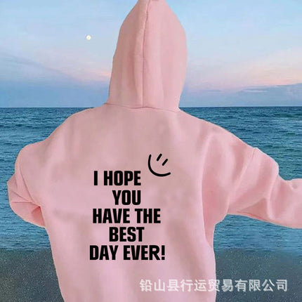 Hooded Pullover Sweatshirt for Women American Style 2022 Spring New Loose Smiley Face Print Letter Print Sweatshirt for Women