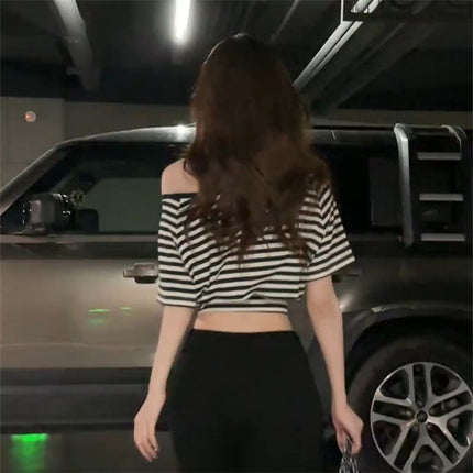 American Retro Style Asymmetrical Striped Short-Sleeve T-Shirt for Women, Summer 2025 New Korean Version, Casual Versatile Stylish Crop Top