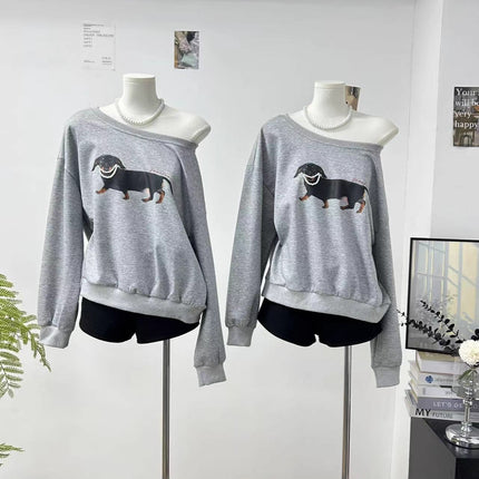 Yuxiao Xiaoyun's Same Style American Retro Pearl Dachshund Dog Slanted Shoulder Loose Casual Round Neck Printed Sweatshirt for Women
