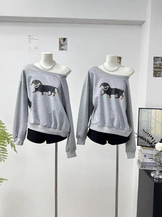 Yuxiao Xiaoyun's Same Style American Retro Pearl Dachshund Dog Slanted Shoulder Loose Casual Round Neck Printed Sweatshirt for Women
