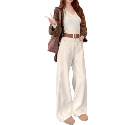 fleece-lined Thickened Wide-leg Jeans Women's Trendy All-match New Arrival apricot High Waist Slimming Loose Casual Straight Pants