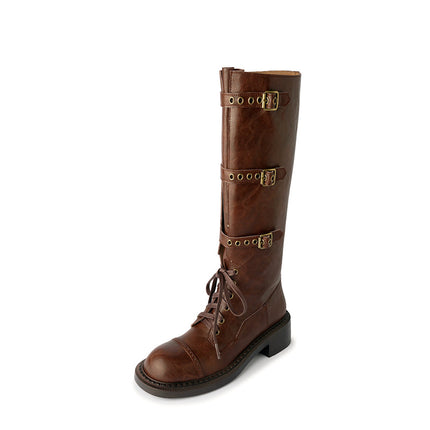 High Boots Autumn 2024 New Women's Boots Thick Heel Mid Heel Knight Boots Vintage Rivet Belt Buckle Boots Women