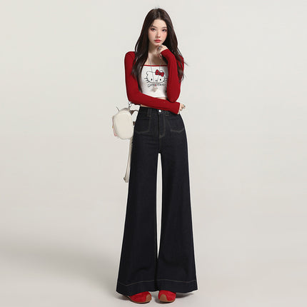 Early Autumn New Stylish Versatile Wide-Leg Jeans for Women with Unique Design Pockets, High Waist, Tummy Control, Slimming Flare Pants