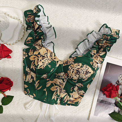 Cross-border European and American Summer Explosions Floral Bow Sling Top Sweet Sexy Printed French Corset Vest
