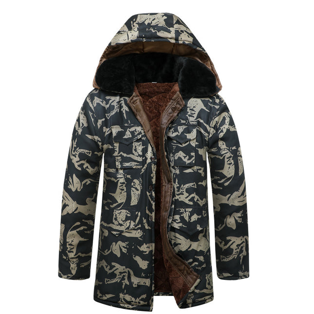 Winter Camouflage Cotton Coat for Men, Fleece-Lined and Thickened Labor Protection Cotton Jacket, Cold Storage Cold-Proof Clothing, Mid-Length Coat
